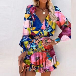 Retro Colorful Vibrant Floral Swing Y2K Festive Boho Coquette Chic Tassels Dress